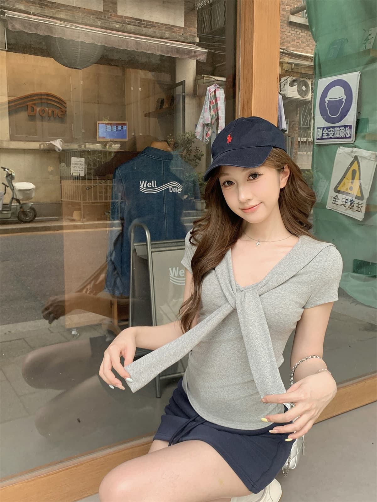 실사 정가 여름 한국 스타일 몸매 가꾸기 핫걸 페이크 레이어드 해군 칼라 숄 레이스업 허리 수축 반팔 티셔츠 맨위 상세 이미지 8