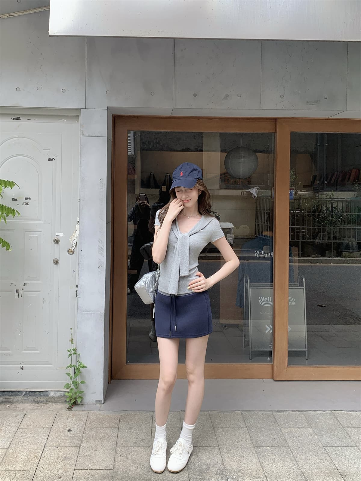 실사 정가 여름 한국 스타일 몸매 가꾸기 핫걸 페이크 레이어드 해군 칼라 숄 레이스업 허리 수축 반팔 티셔츠 맨위 상세 이미지 11