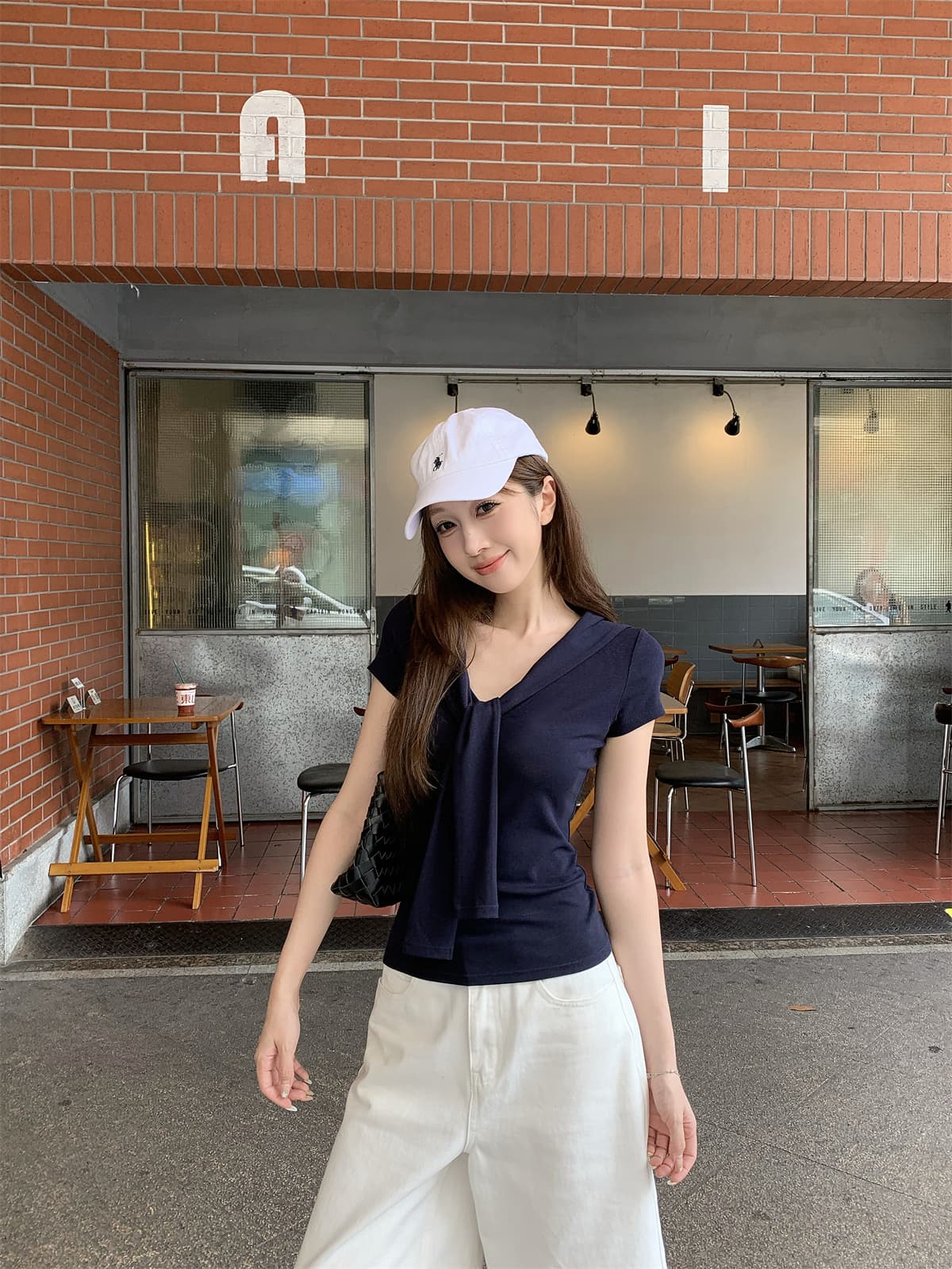 실사 정가 여름 한국 스타일 몸매 가꾸기 핫걸 페이크 레이어드 해군 칼라 숄 레이스업 허리 수축 반팔 티셔츠 맨위 상세 이미지 21
