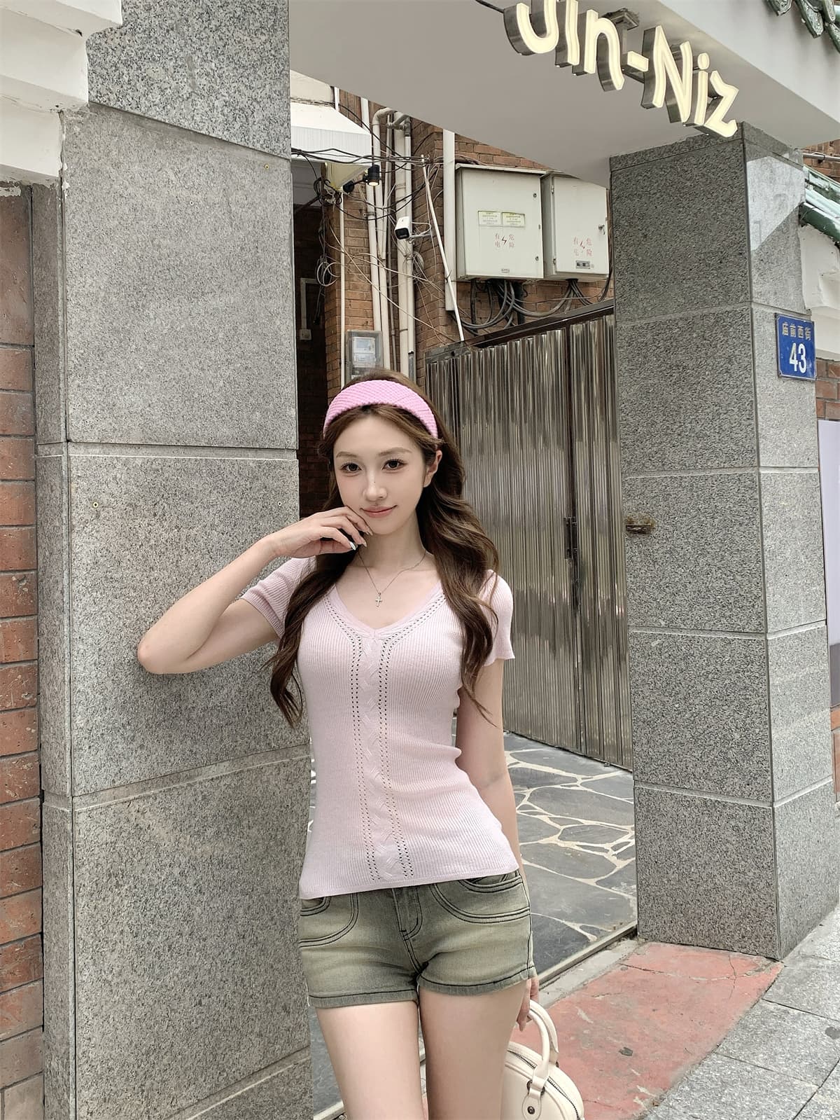 실사 정가 여름 한국 스타일 달콤함 부드러운 홀로우 아웃 V넥 구덩이 기사 슬림해 보이는 6 양모 니트 스웨터 반팔 맨위 상세 이미지 13