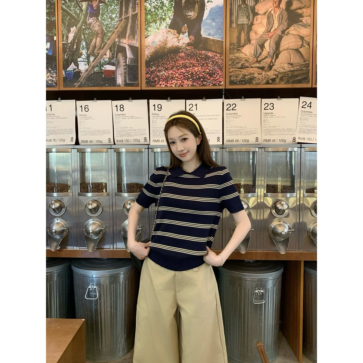 실사 정가 여름 한국 스타일 배색 스트라이프 POLO 칼라 다용도 품격 몸매 가꾸기 긍정적 인 어깨 반팔 티셔츠 맨위 여성 이미지 4
