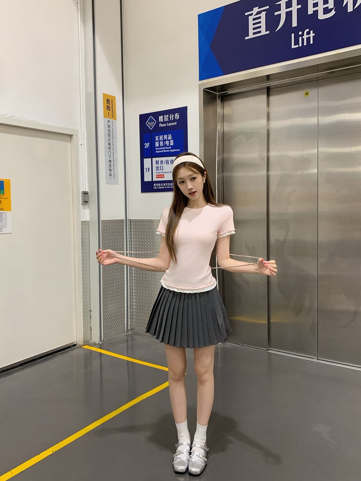 실사 정가 여름 한국 스타일 부드러운 다용도 이중층 프릴 패치워크 라운드 넥 몸매 가꾸기 연령 감소 반팔 티셔츠 여성 상세 이미지 22