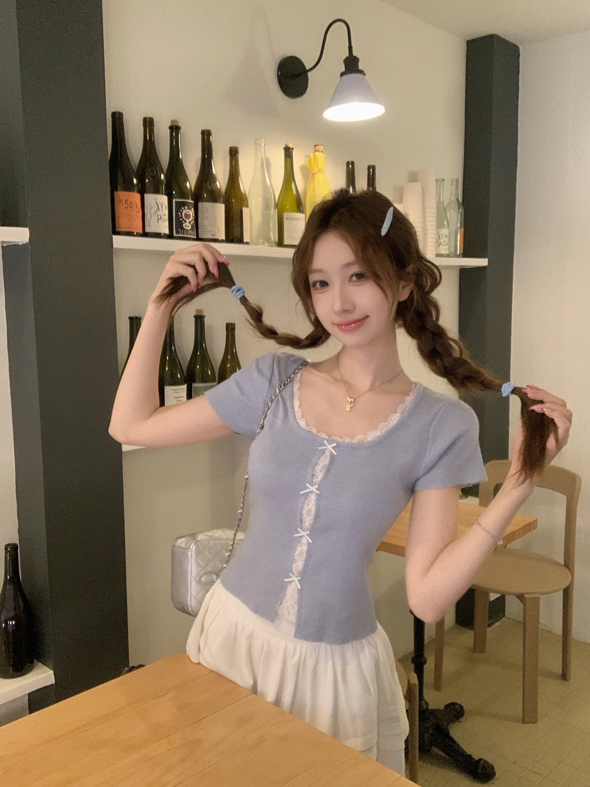 실사 정가 여름 한국 스타일 달콤한 미국 칼라 홀로우 아웃 레이스 조각 페이크 레이어드 6 양모 반팔 티셔츠 맨위 상세 이미지 4