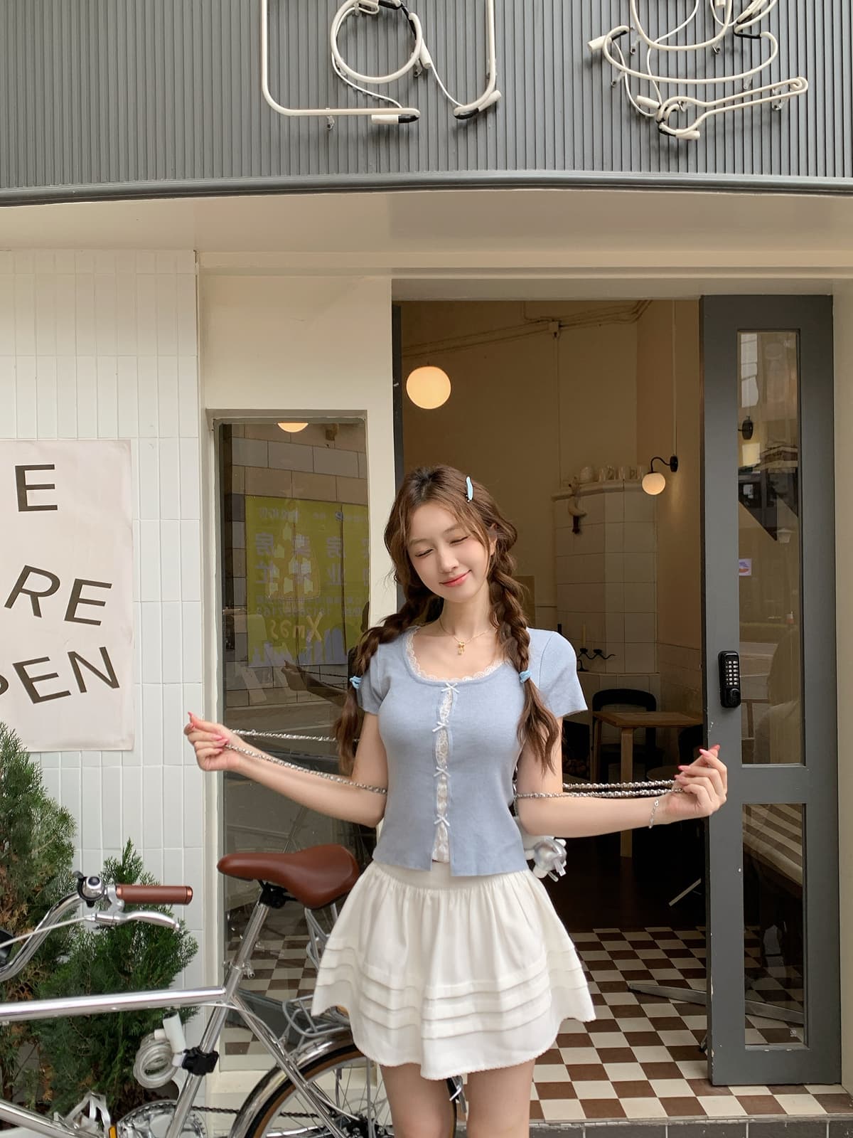 실사 정가 여름 한국 스타일 달콤한 미국 칼라 홀로우 아웃 레이스 조각 페이크 레이어드 6 양모 반팔 티셔츠 맨위 상세 이미지 10