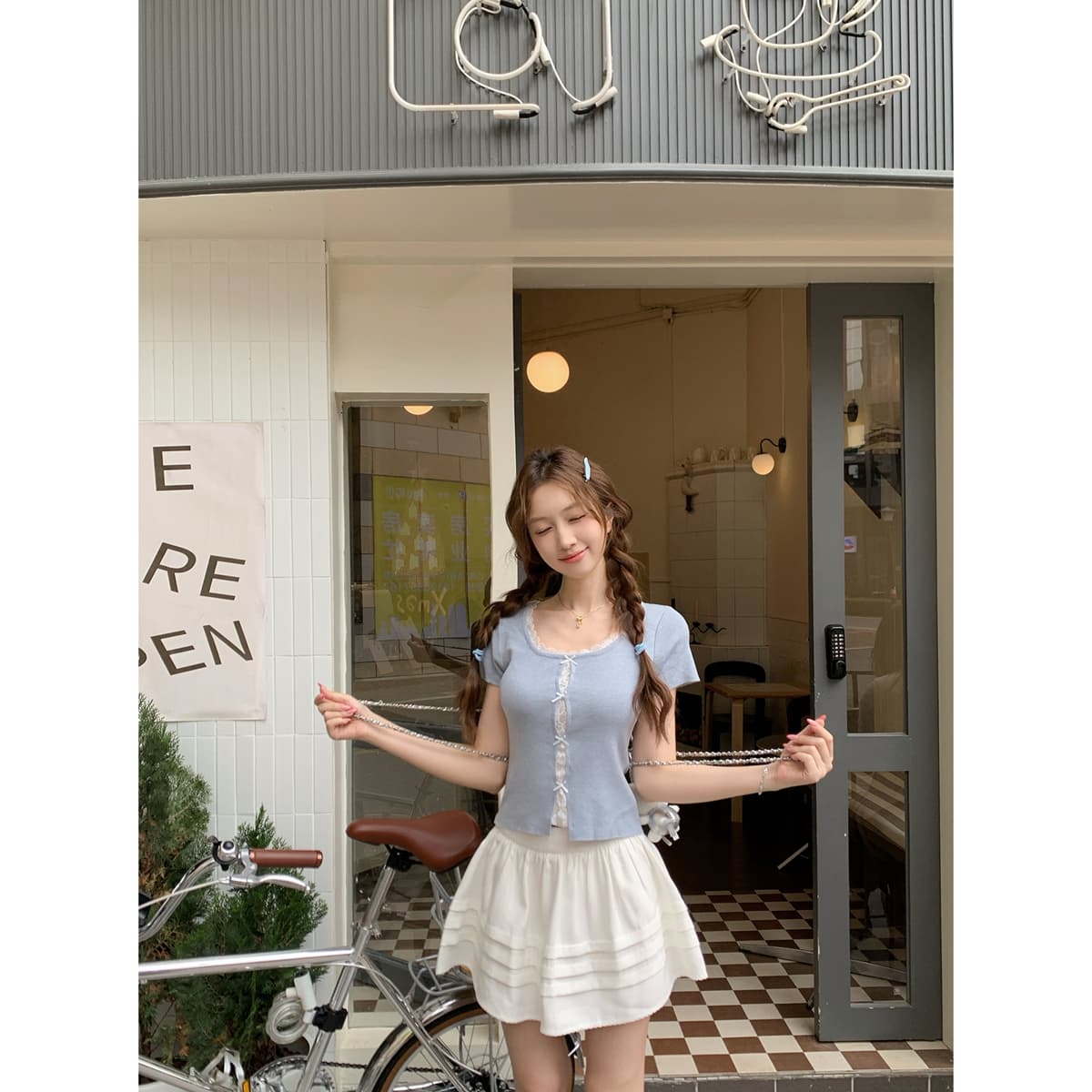 실사 정가 여름 한국 스타일 달콤한 미국 칼라 홀로우 아웃 레이스 조각 페이크 레이어드 6 양모 반팔 티셔츠 맨위 이미지 5