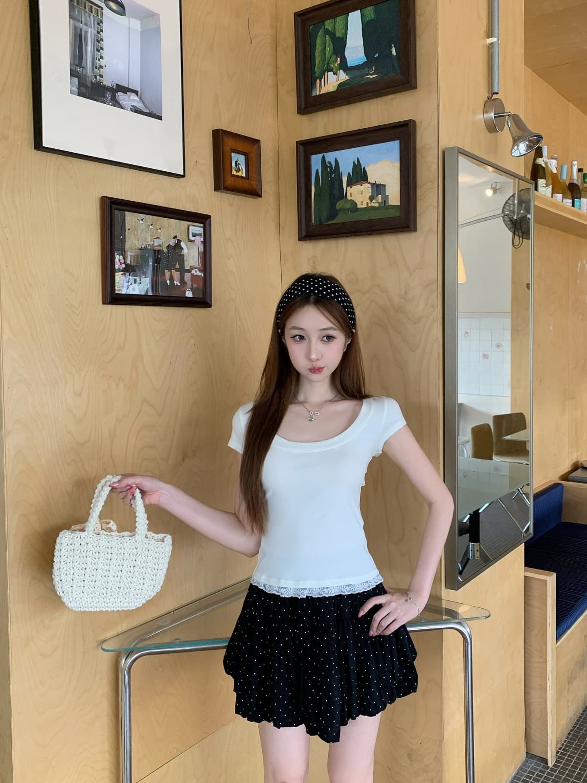 실사 정가 여름 한국 스타일 u 칼라 순수한 욕망 바람 품격 다용도 레이스 측면 몸매 가꾸기 슬림해 보이는 반팔 티셔츠 맨위 상세 이미지 5