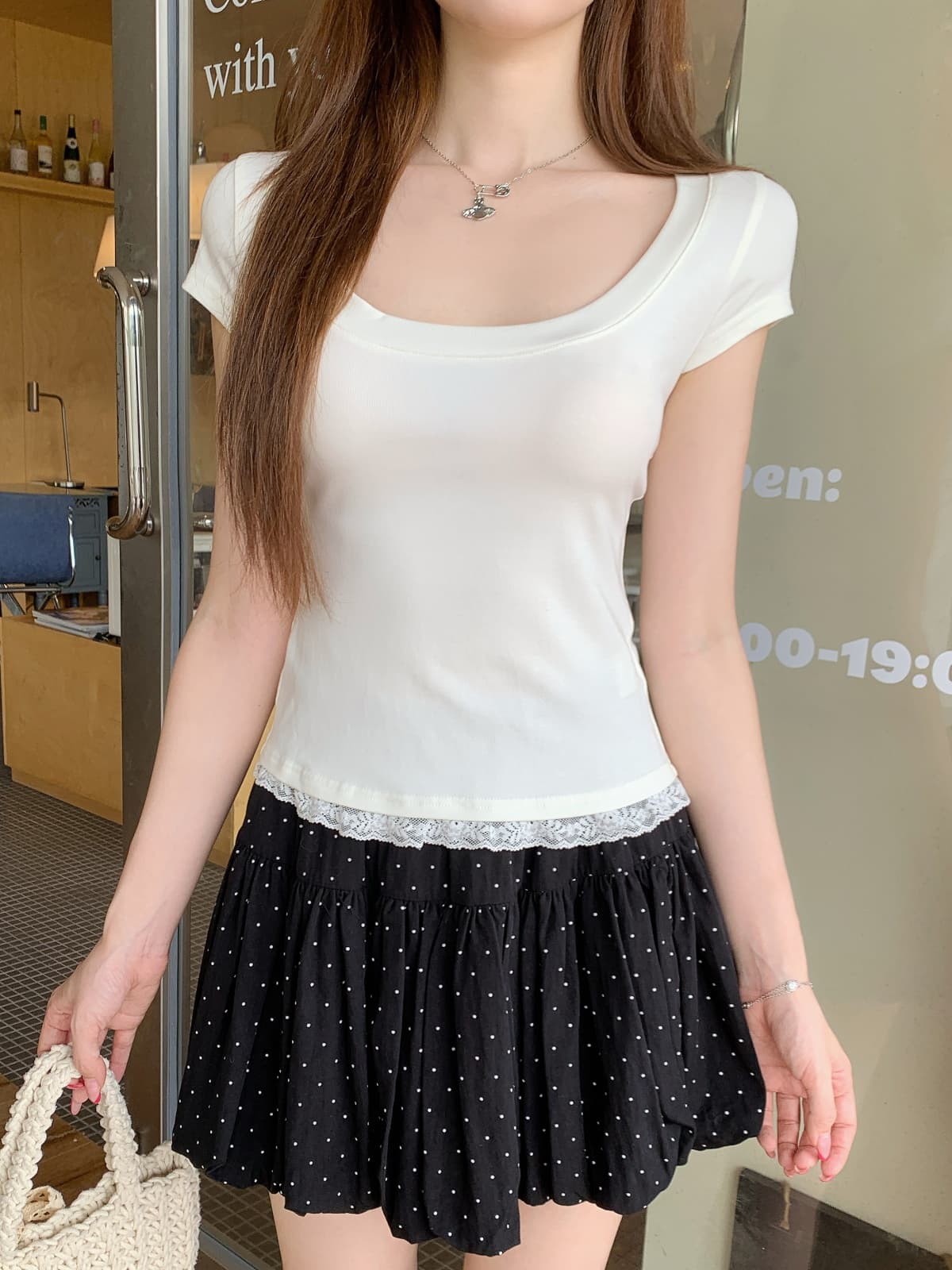 실사 정가 여름 한국 스타일 u 칼라 순수한 욕망 바람 품격 다용도 레이스 측면 몸매 가꾸기 슬림해 보이는 반팔 티셔츠 맨위 이미지 2