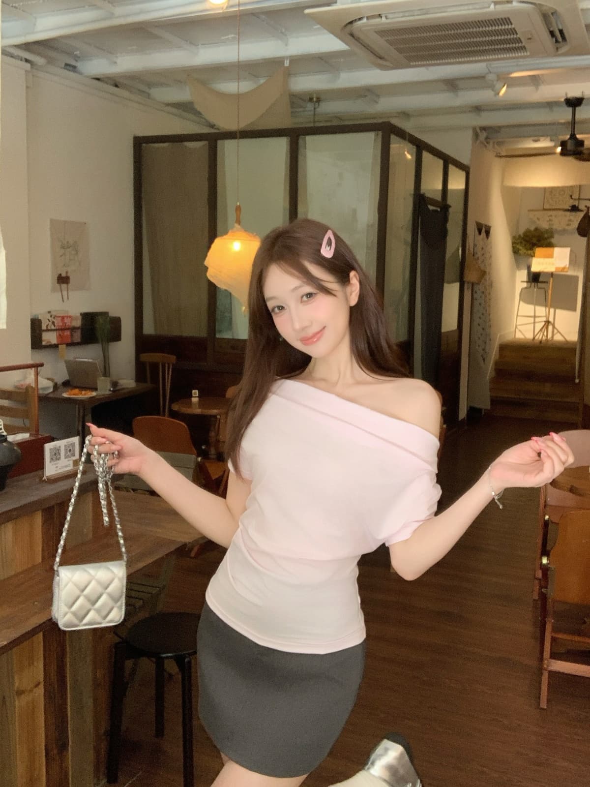 실사 정가 여름 한국 스타일 주간 실크 오프숄더 순수한 욕망 바람 주름 품격 다용도 반팔 티셔츠 맨위 상세 이미지 8