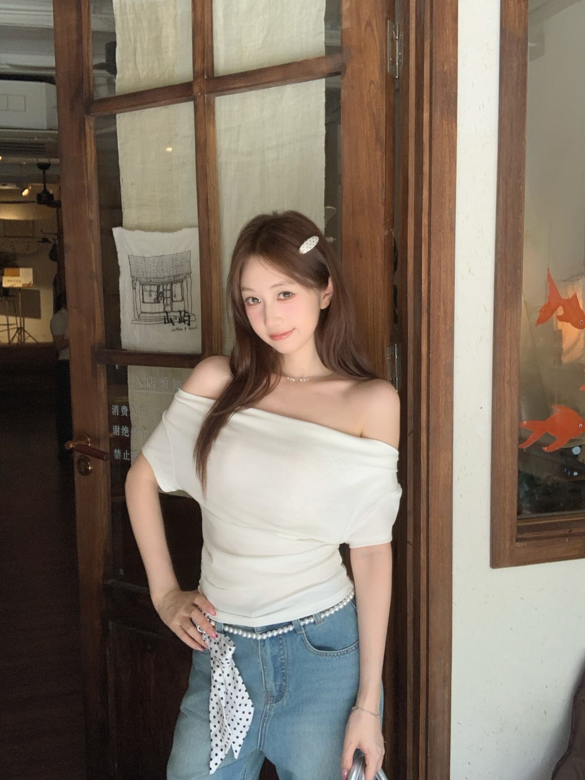실사 정가 여름 한국 스타일 주간 실크 오프숄더 순수한 욕망 바람 주름 품격 다용도 반팔 티셔츠 맨위 상세 이미지 15