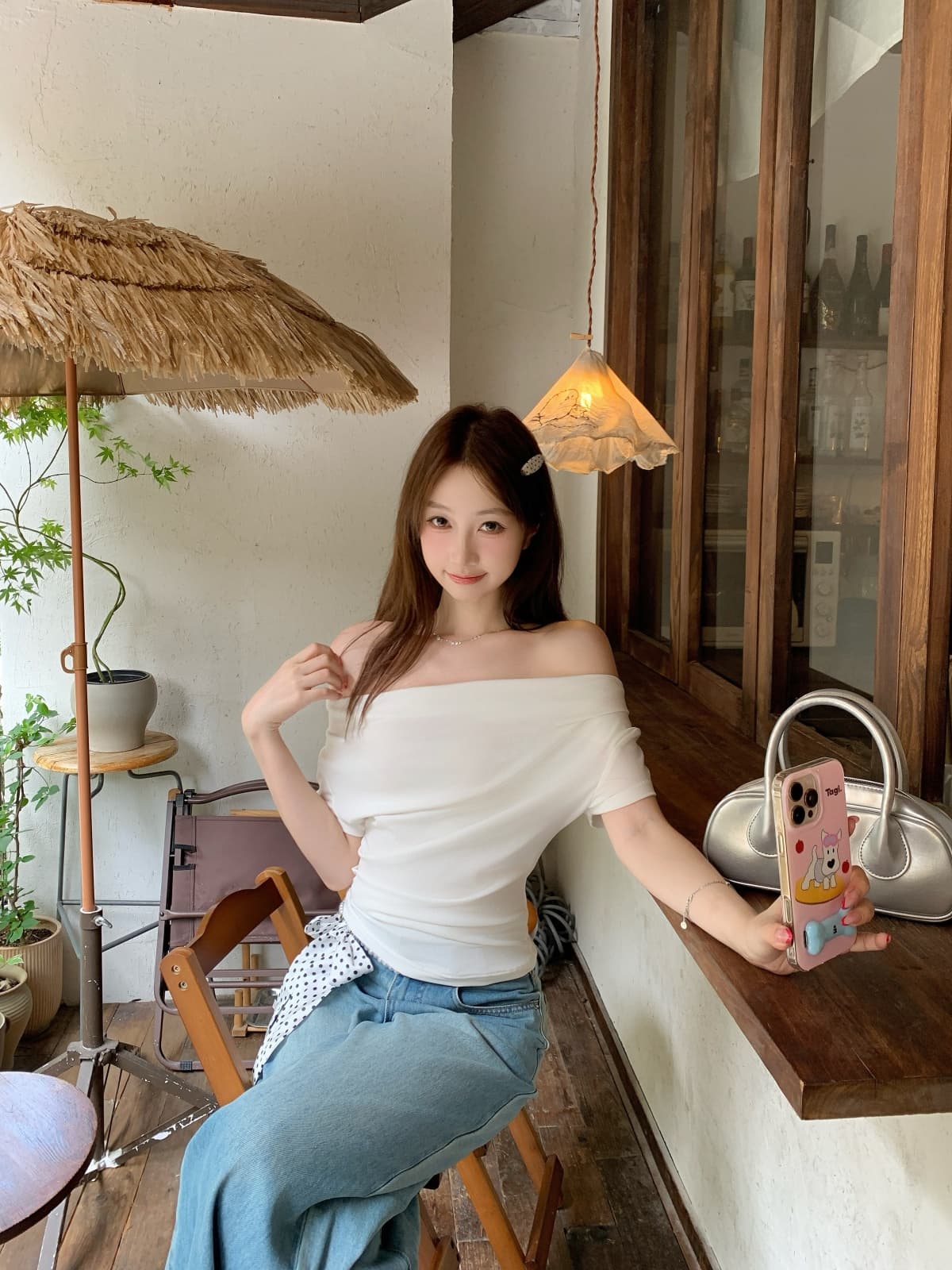 실사 정가 여름 한국 스타일 주간 실크 오프숄더 순수한 욕망 바람 주름 품격 다용도 반팔 티셔츠 맨위 상세 이미지 19