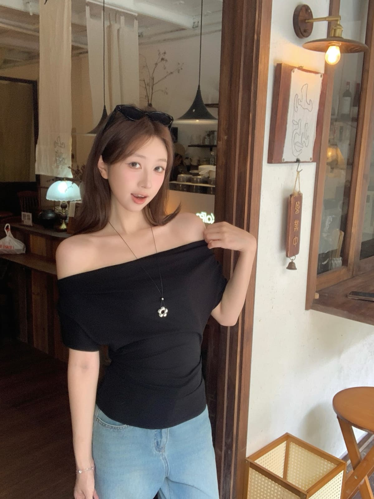 실사 정가 여름 한국 스타일 주간 실크 오프숄더 순수한 욕망 바람 주름 품격 다용도 반팔 티셔츠 맨위 상세 이미지 24