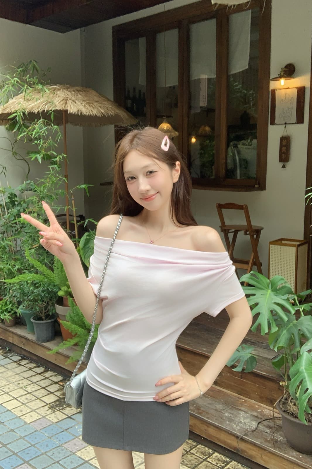실사 정가 여름 한국 스타일 주간 실크 오프숄더 순수한 욕망 바람 주름 품격 다용도 반팔 티셔츠 맨위 이미지 6