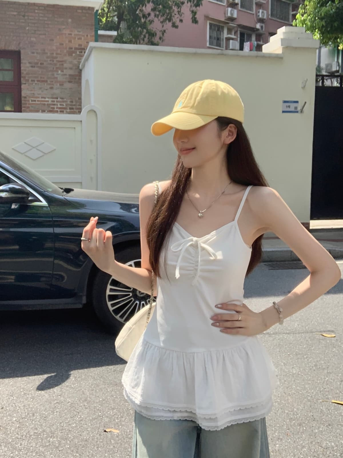실사 정가 여름 한국 스타일 주간 실크 레이스 조각 스트랩 주름 품격 다용도 슬립 티셔츠 조끼 상세 이미지 7