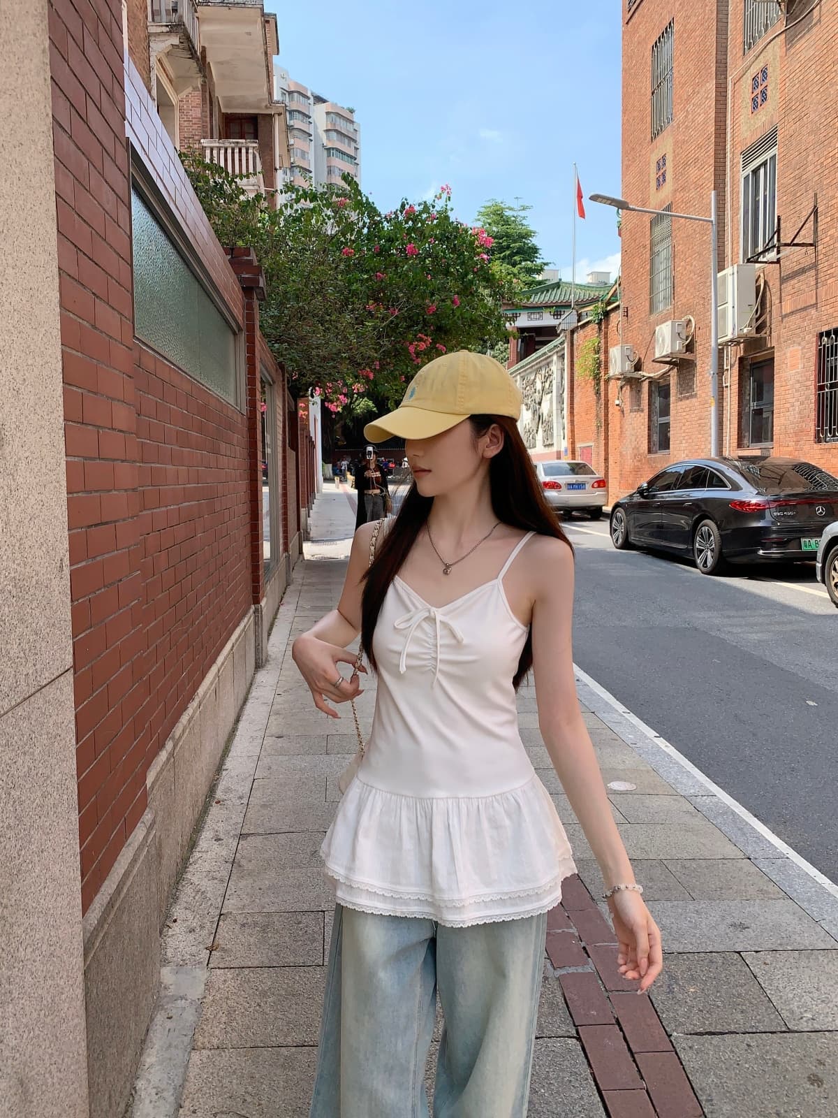 실사 정가 여름 한국 스타일 주간 실크 레이스 조각 스트랩 주름 품격 다용도 슬립 티셔츠 조끼 상세 이미지 9