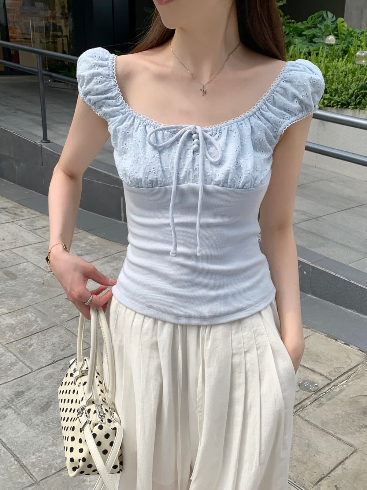 실사 정가 여름 한국 스타일 광장 칼라 레이스 스트랩 자카드 품격 다용도 몸매 가꾸기 슬림해 보이는 반팔 티셔츠 맨위 상세 이미지 26
