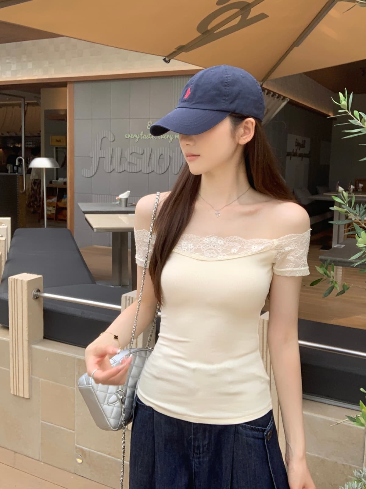 실사 정가 여름 한국 스타일 순수한 욕망 바람 오프숄더 레이스 조각 품격 다용도 반팔 티셔츠 맨위 상세 이미지 18