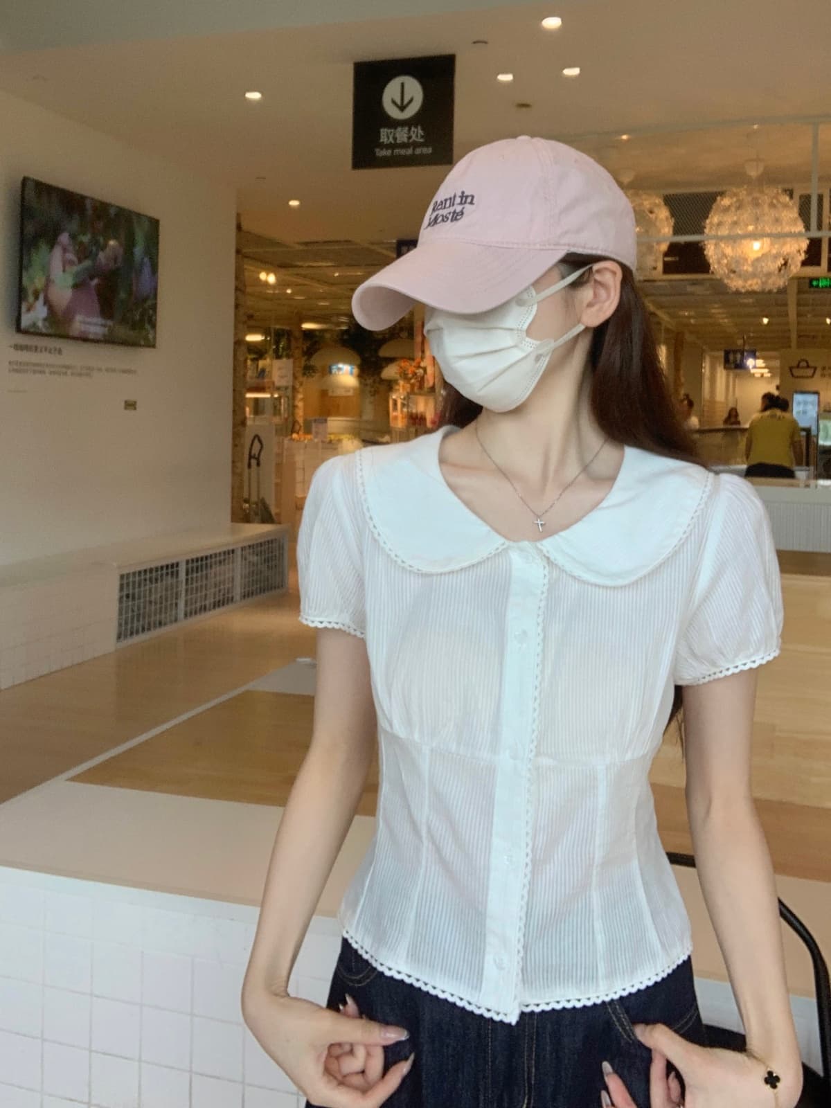 실사 정가 여름 한국 스타일 베이비 칼라 레이스 단추 디자인 주름 품격 다용도 반팔 티셔츠 맨위 이미지 4