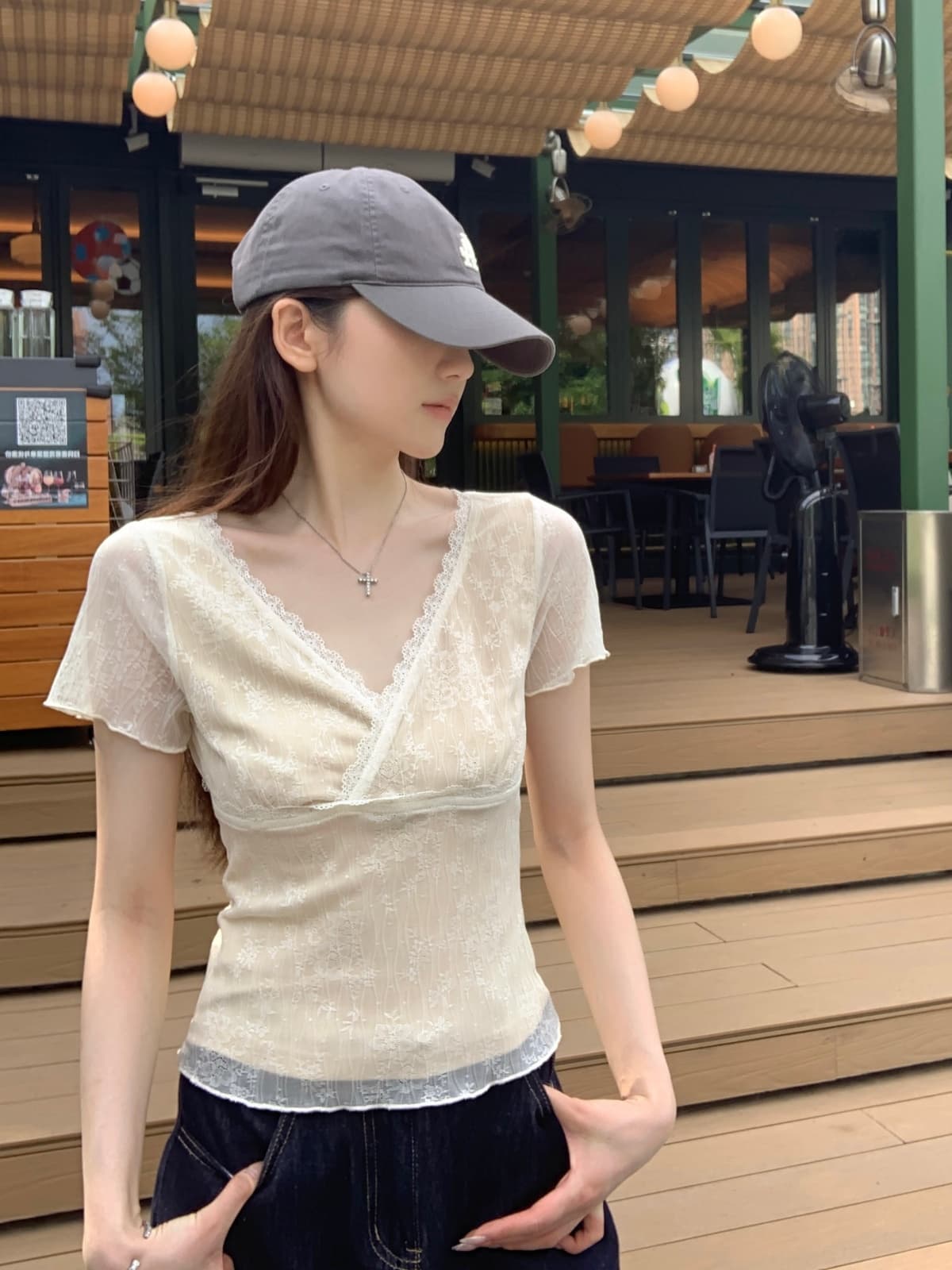 실사 정가 여름 한국 스타일 십자가 V넥 레이스 측면 자카드 품격 다용도 반팔 티셔츠 맨위 상세 이미지 7