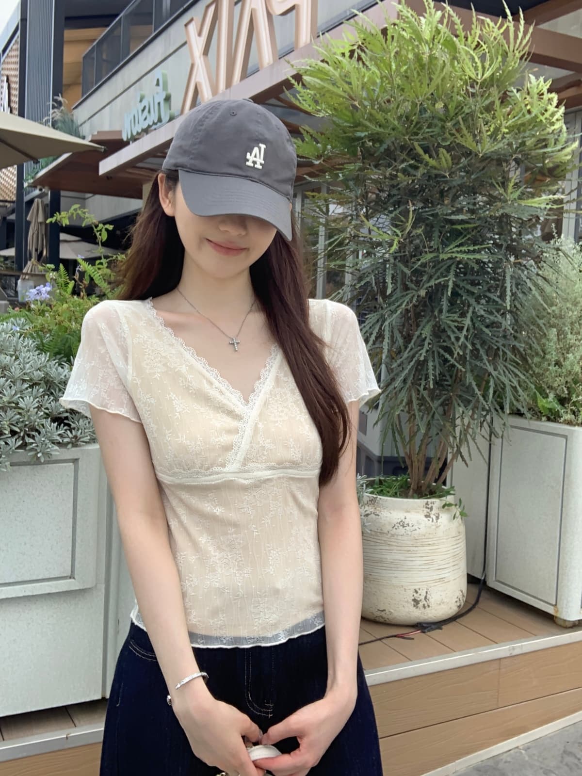 실사 정가 여름 한국 스타일 십자가 V넥 레이스 측면 자카드 품격 다용도 반팔 티셔츠 맨위 상세 이미지 13