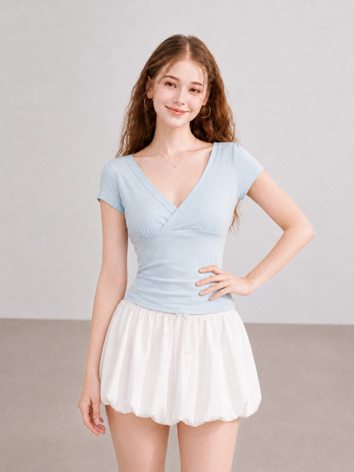 여름 순수한 욕망 소녀 바람 로즈 레드 십자가 V넥 반팔 티셔츠 여성 몸매 가꾸기 슬림해 보이는 다용도 쇼트 스타일 긍정적 인 어깨 의류 상세 이미지 6
