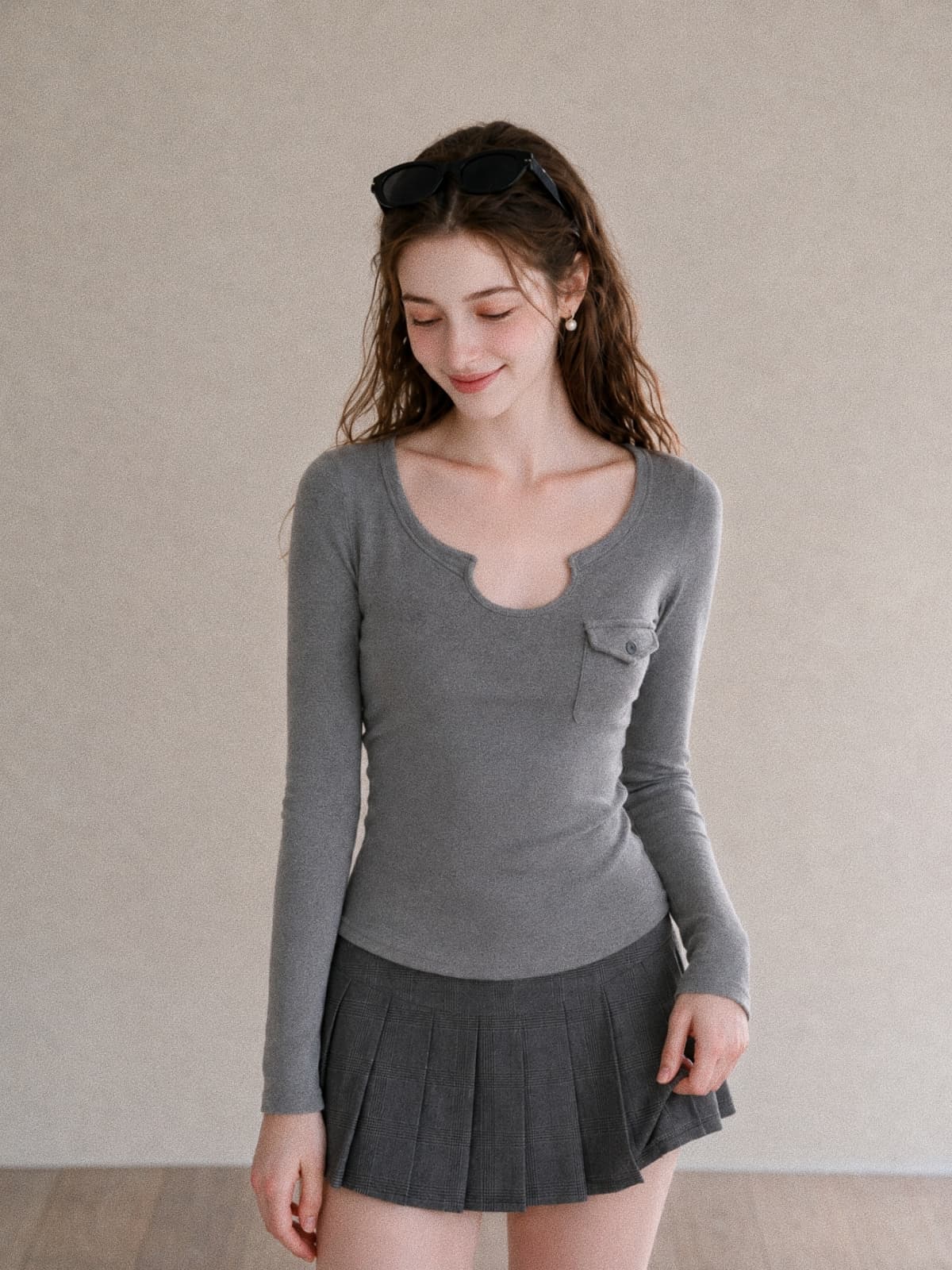 가을 한국 스타일 레트로 핫걸 반 개방 칼라 몸매 가꾸기 슬림해 보이는 주머니 디자인 긴팔 t 셔츠 기본 셔츠 맨위 여성 상세 이미지 5