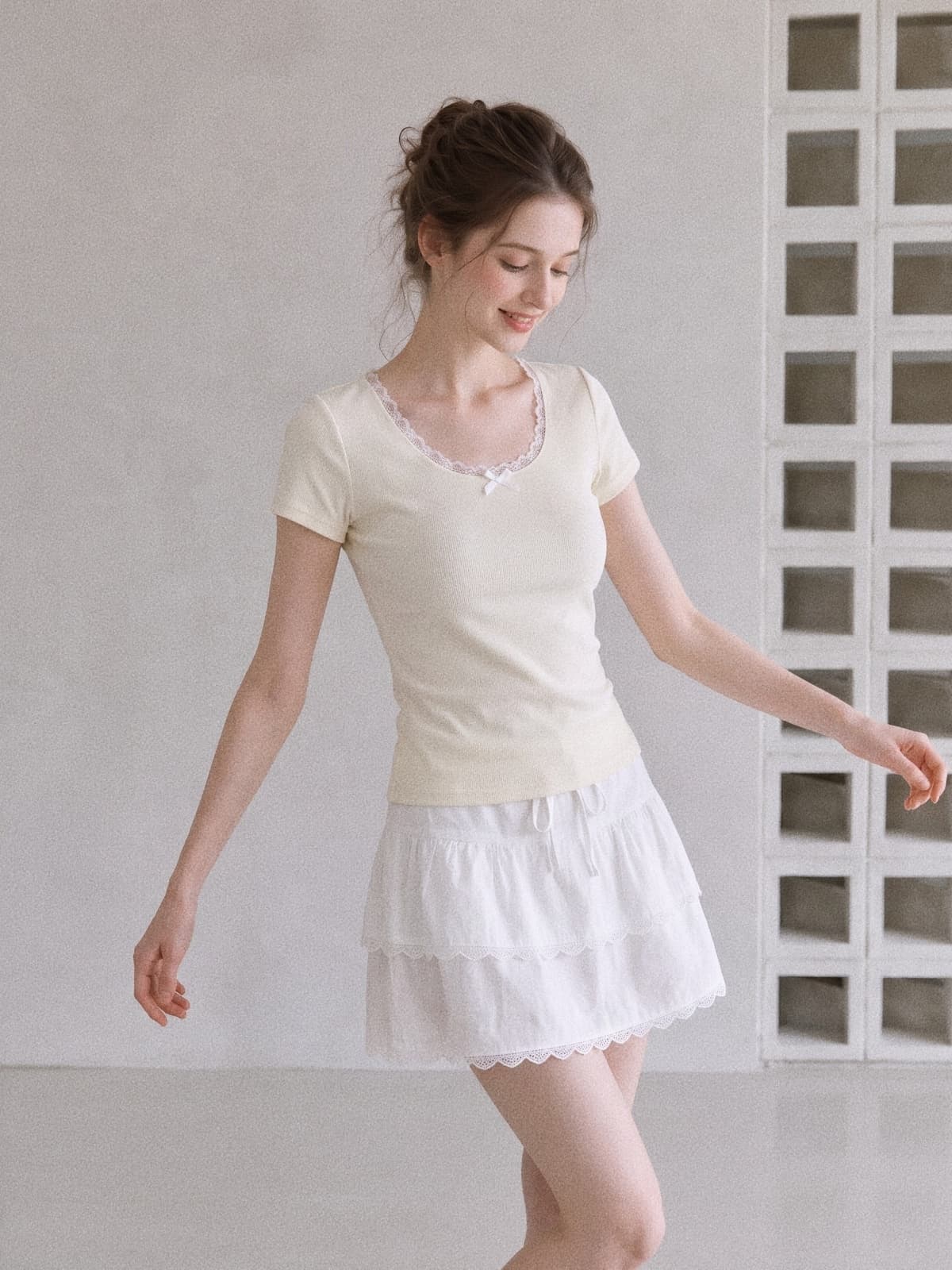 달콤한 스타일 나비 매듭 u 칼라 반팔 여성 여름 레이스 레이스 연령 감소 긍정적 인 어깨 티셔츠 몸매 가꾸기 슬림해 보이는 쇼트 스타일 맨위 상세 이미지 6