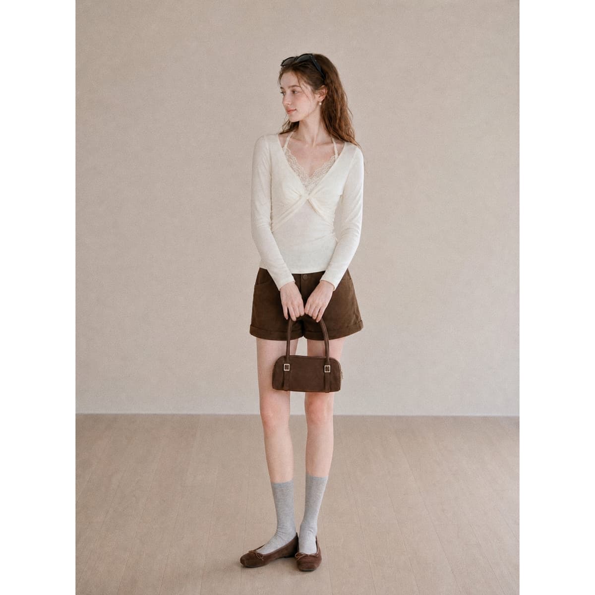 가을 한국 스타일 순수한 욕망 레이스 행침 목 비틀림 V넥 양모 연삭 털 인사이드 가져 가라. 몸매 가꾸기 핫걸 긴팔 티셔츠 맨위 이미지 3