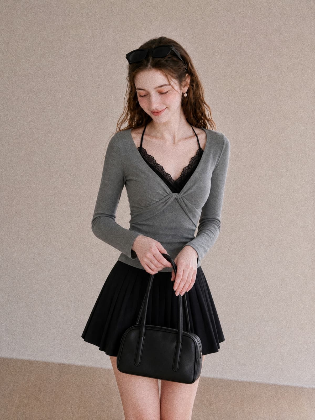 가을 한국 스타일 순수한 욕망 레이스 행침 목 비틀림 V넥 양모 연삭 털 인사이드 가져 가라. 몸매 가꾸기 핫걸 긴팔 티셔츠 맨위 상세 이미지 5