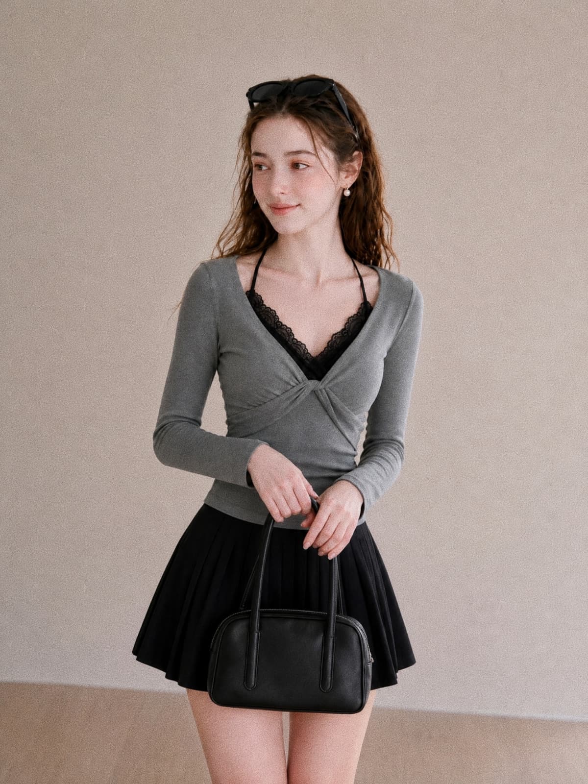 가을 한국 스타일 순수한 욕망 레이스 행침 목 비틀림 V넥 양모 연삭 털 인사이드 가져 가라. 몸매 가꾸기 핫걸 긴팔 티셔츠 맨위 상세 이미지 6