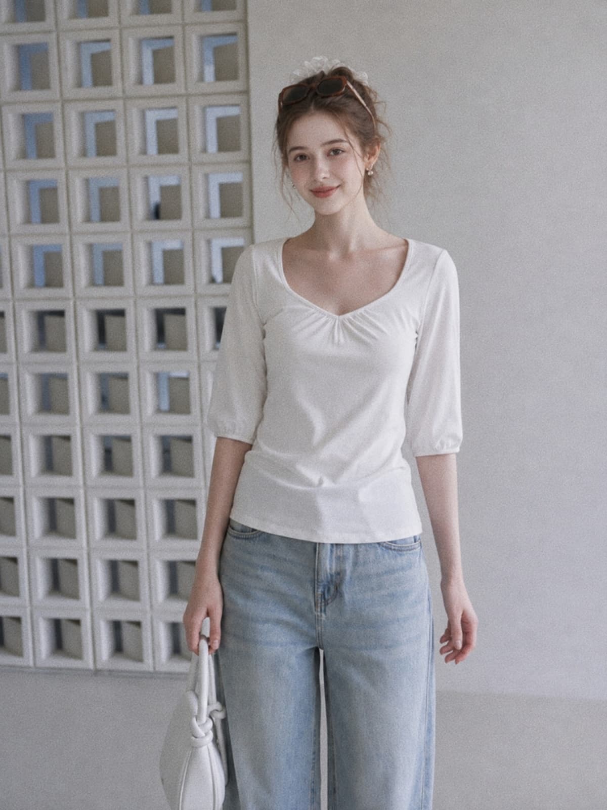 부드러운 바람 광장 칼라 칼라 중간 소매 주름 디자인 t 셔츠 여름 새로운 느슨함 센스 품격 허리 수축 슬림해 보이는 맨위 상세 이미지 3