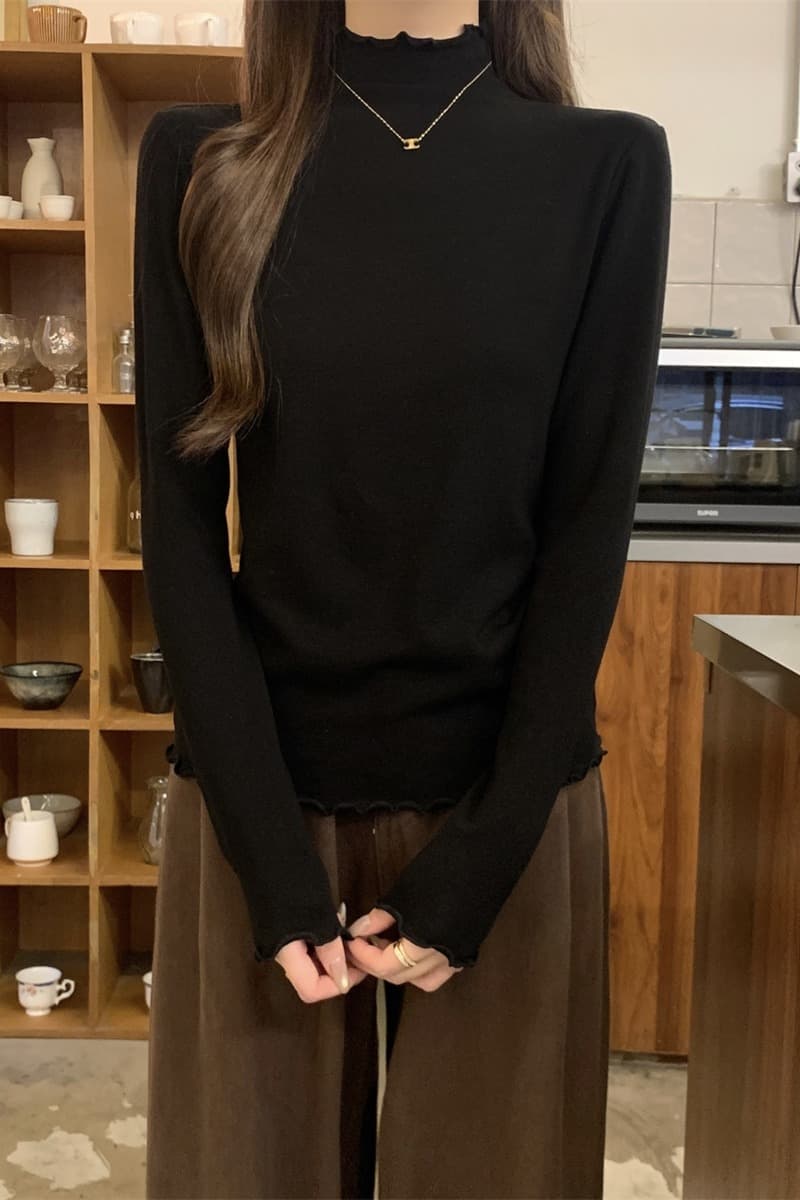 실사 정가 봄 한국 스타일 프릴 반하이넥 몸매 가꾸기 긍정적 인 어깨 양모 인사이드 가져 가라. 긴팔 티셔츠 만나는 맨위 이미지 6
