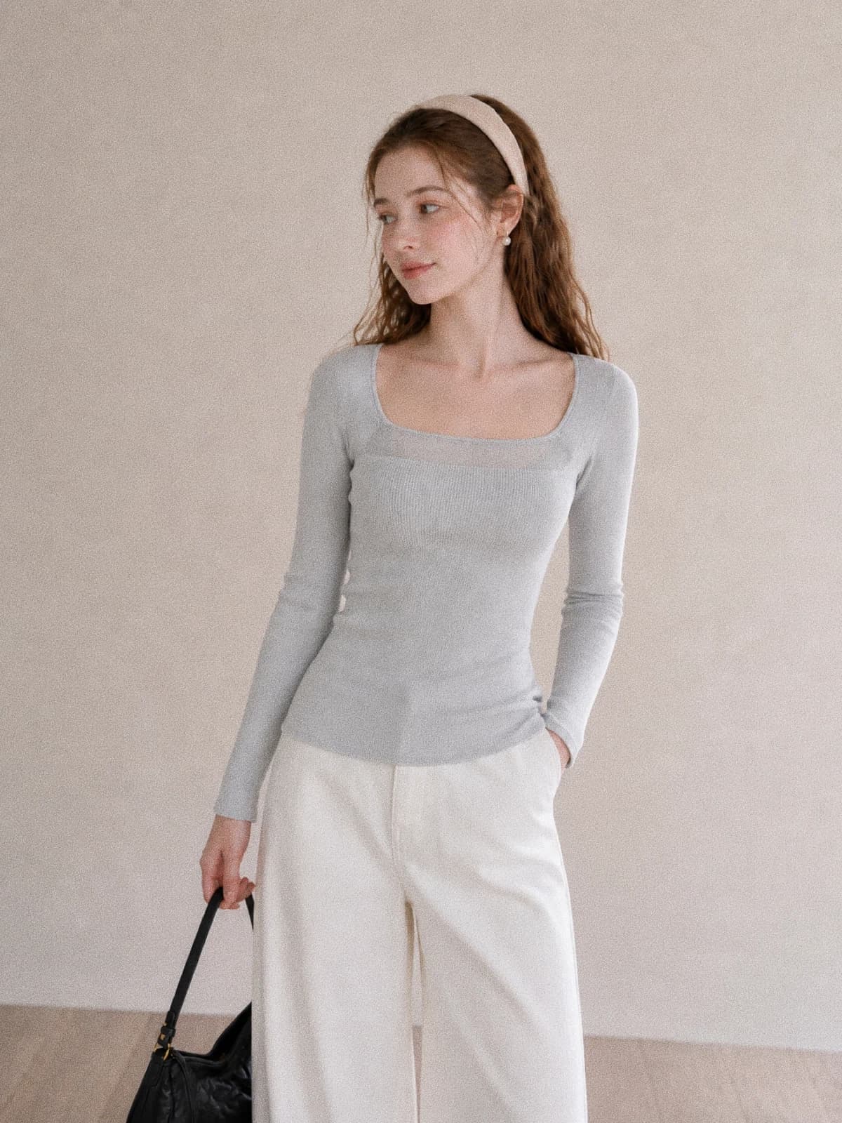 가을 새로운 프랑스식 부드러운 바람 광장 칼라 티셔츠 여성 몸매 가꾸기 슬림해 보이는 6 양모 시스루 패치워크 다용도 긴팔 맨위 상세 이미지 5