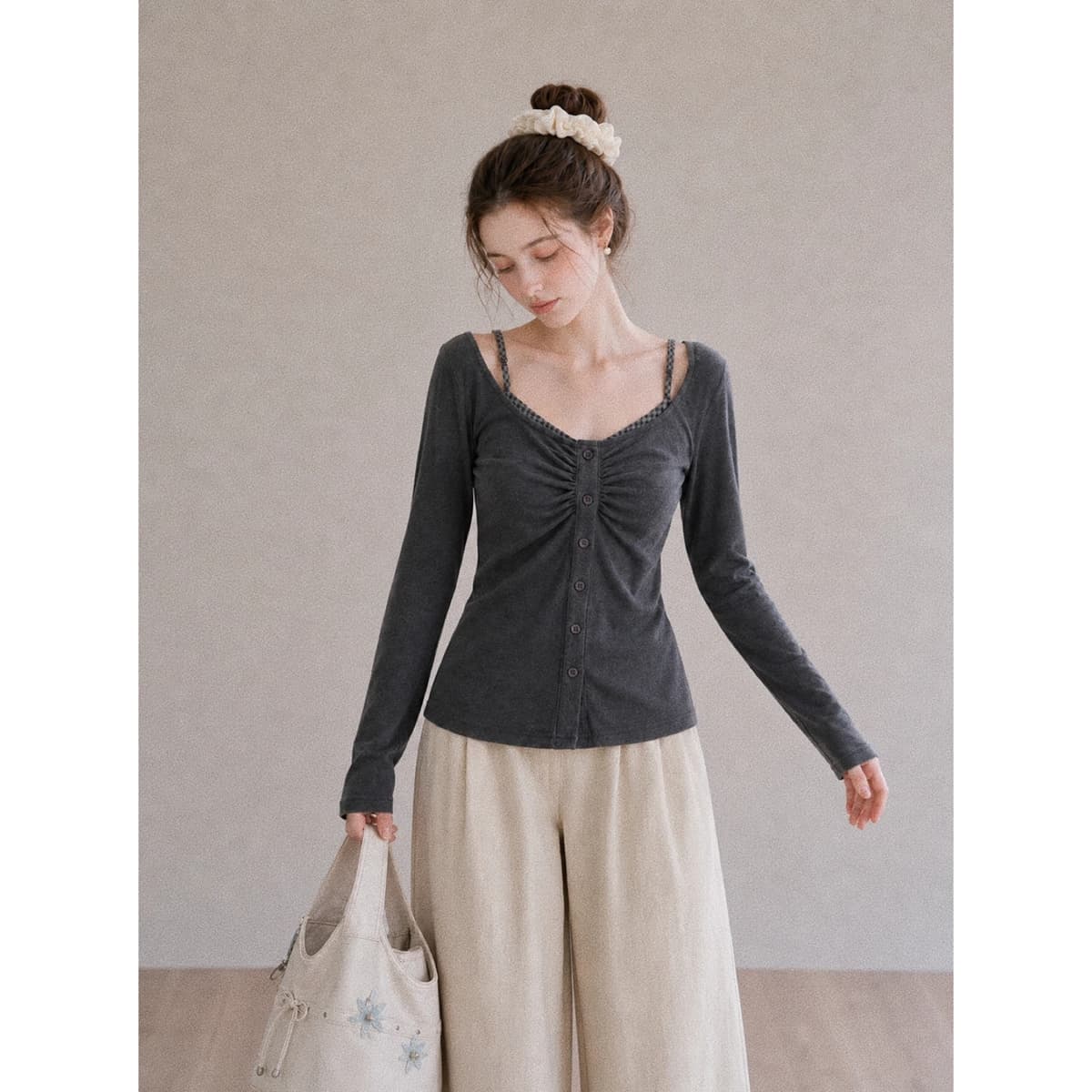 가을 한국 스타일 품격 몸매 가꾸기 핫걸 체크무늬 패치워크 행침 목 페이크 레이어드 광장 칼라 긴팔 만나는 티셔츠 맨위 이미지 5