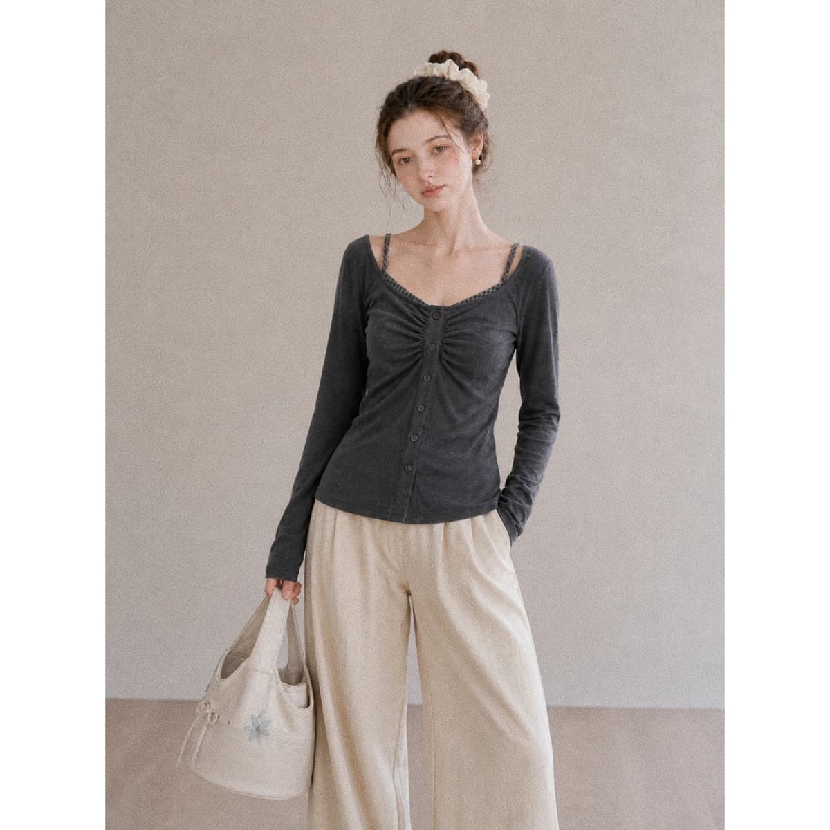 가을 한국 스타일 품격 몸매 가꾸기 핫걸 체크무늬 패치워크 행침 목 페이크 레이어드 광장 칼라 긴팔 만나는 티셔츠 맨위 이미지 4
