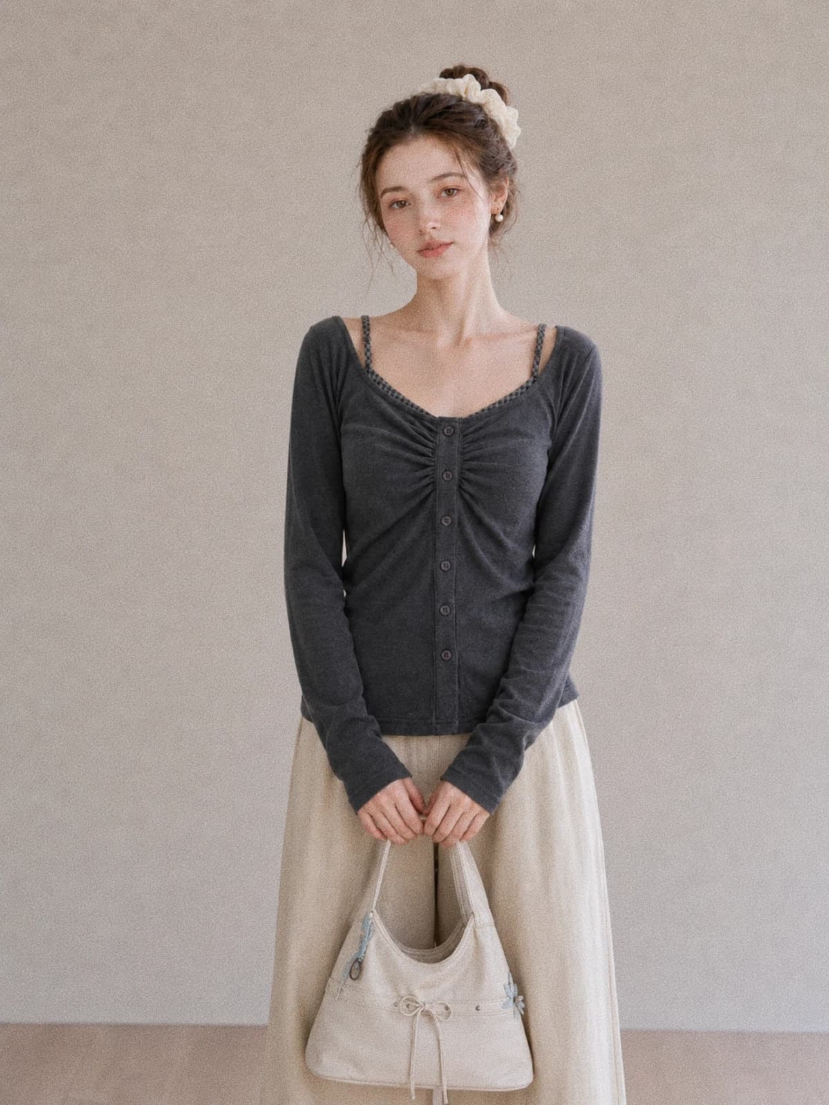가을 한국 스타일 품격 몸매 가꾸기 핫걸 체크무늬 패치워크 행침 목 페이크 레이어드 광장 칼라 긴팔 만나는 티셔츠 맨위 상세 이미지 6
