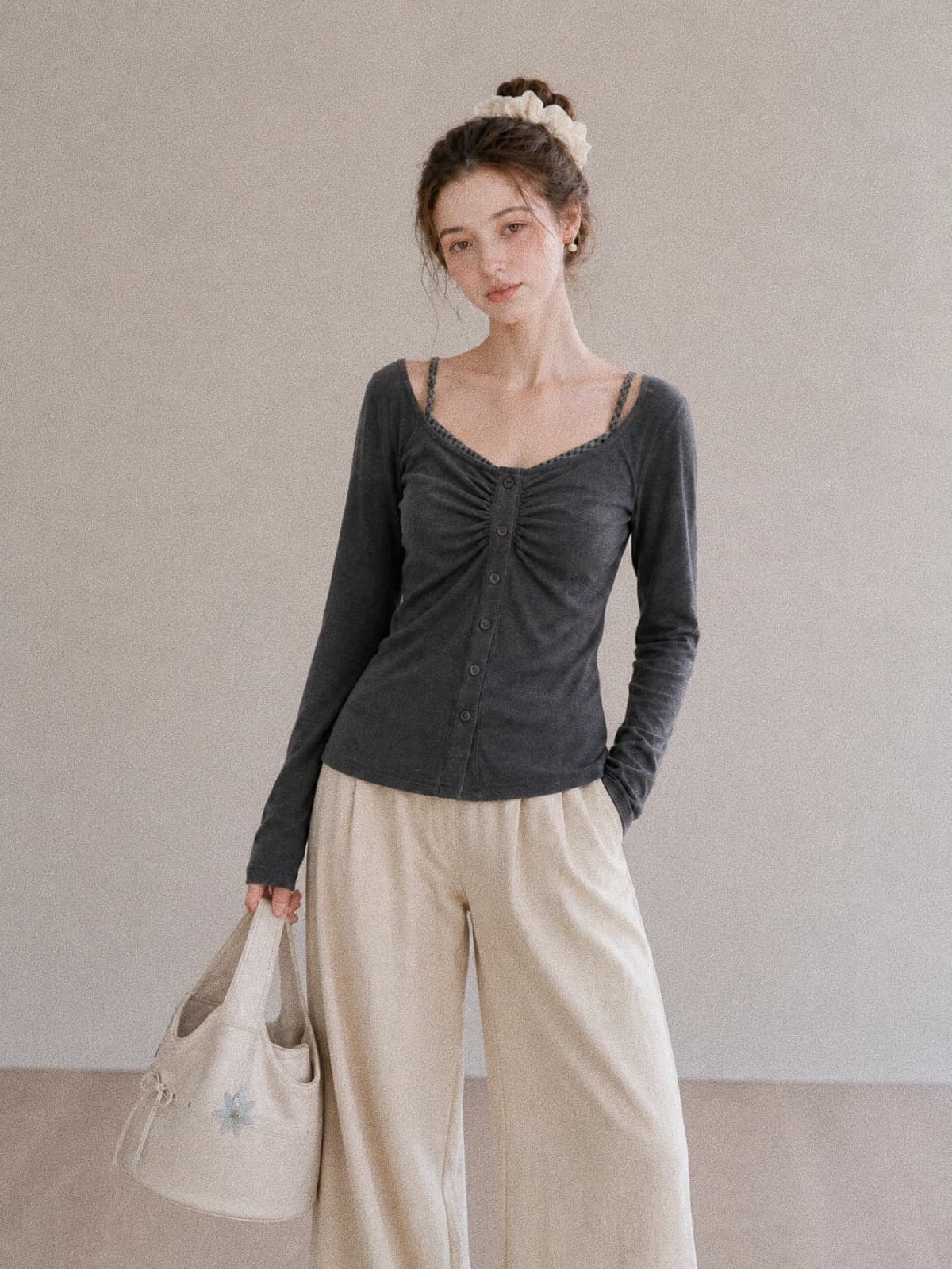 가을 한국 스타일 품격 몸매 가꾸기 핫걸 체크무늬 패치워크 행침 목 페이크 레이어드 광장 칼라 긴팔 만나는 티셔츠 맨위 상세 이미지 7