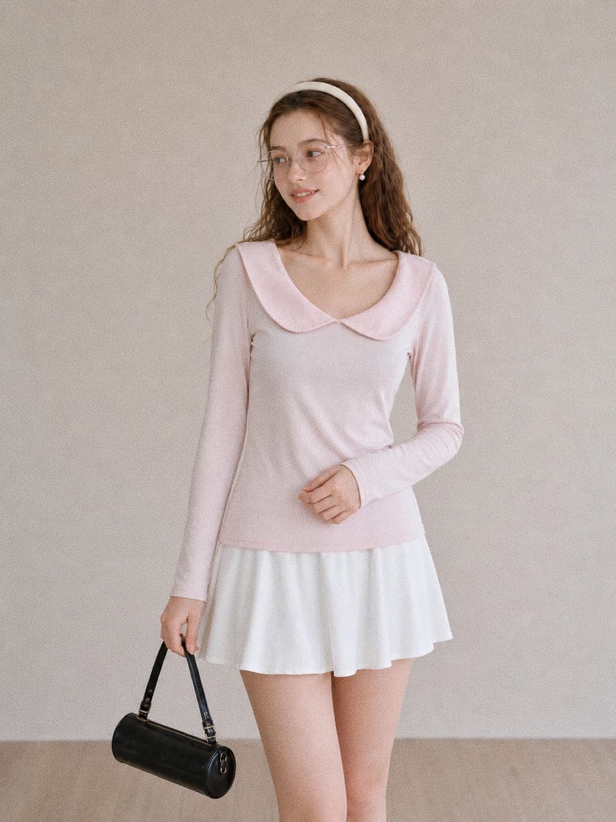 가을 새로운 한 부서 핑크색 소녀 바람 베이비 칼라 티셔츠 여성 몸매 가꾸기 슬림해 보이는 폴로 칼라 디자인 긴팔 맨위 상세 이미지 5