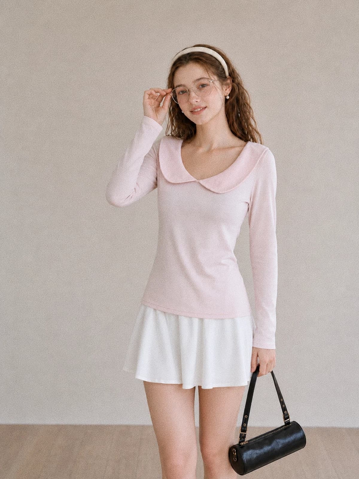 가을 새로운 한 부서 핑크색 소녀 바람 베이비 칼라 티셔츠 여성 몸매 가꾸기 슬림해 보이는 폴로 칼라 디자인 긴팔 맨위 상세 이미지 6