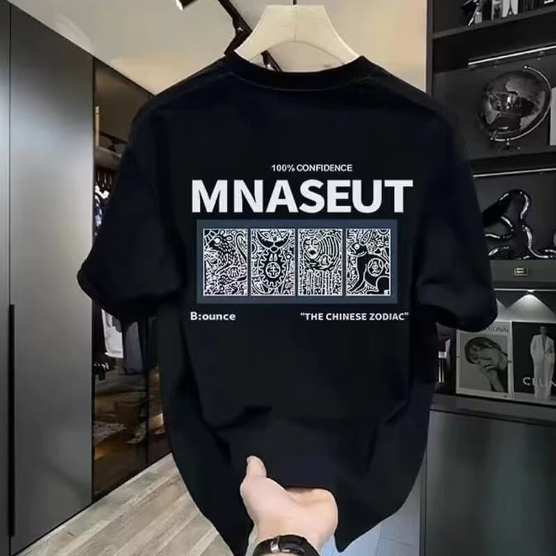 국경 간 반팔 티셔츠 남성 조수 브랜드 여름 루즈핏 5 점 소매 새로운 인터넷 유명인 트렌드 ins 미니멀리즘 프린트 맨위 이미지 2