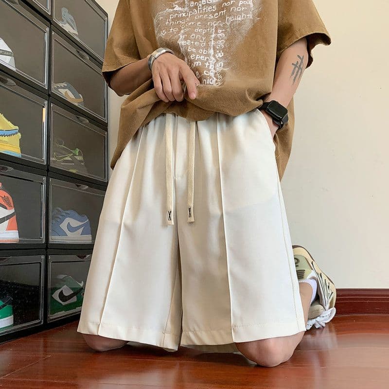 국경 간 폭발 캐주얼 바지 작은 슬랙스 항구 바람 커플 반바지 남자 루즈핏 단색 얼음 실크 도루 센스 오부 바지 슬랙스 이미지 4