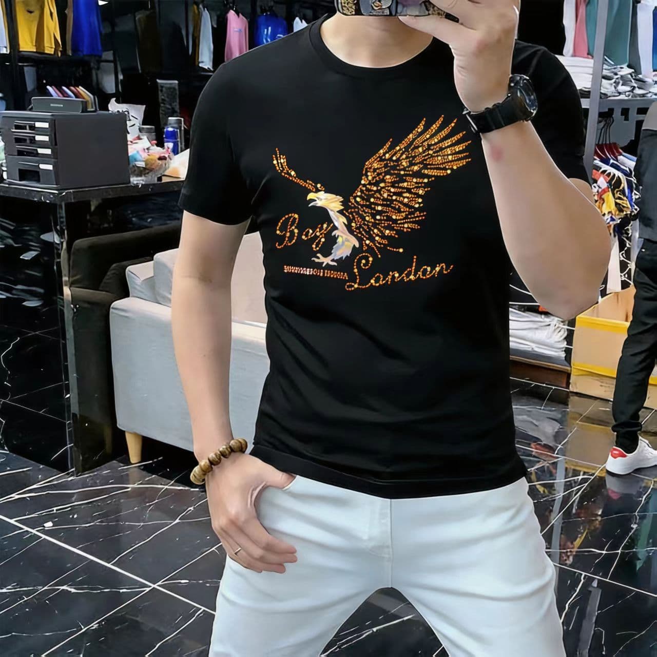 새로운 패션 조수 브랜드 핫픽스 반팔 몸매 가꾸기 티셔츠 남성 실광택 코튼 유럽 역 빅 사이즈 여름 라운드 넥 티셔츠