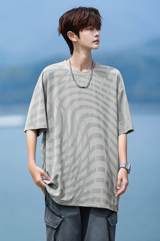 실사 물결무늬 스트라이프 라운드 넥 반팔 남자 여름 2026 새로운 citychill 바람 루즈핏 운동 통기성 티셔츠 이미지 6
