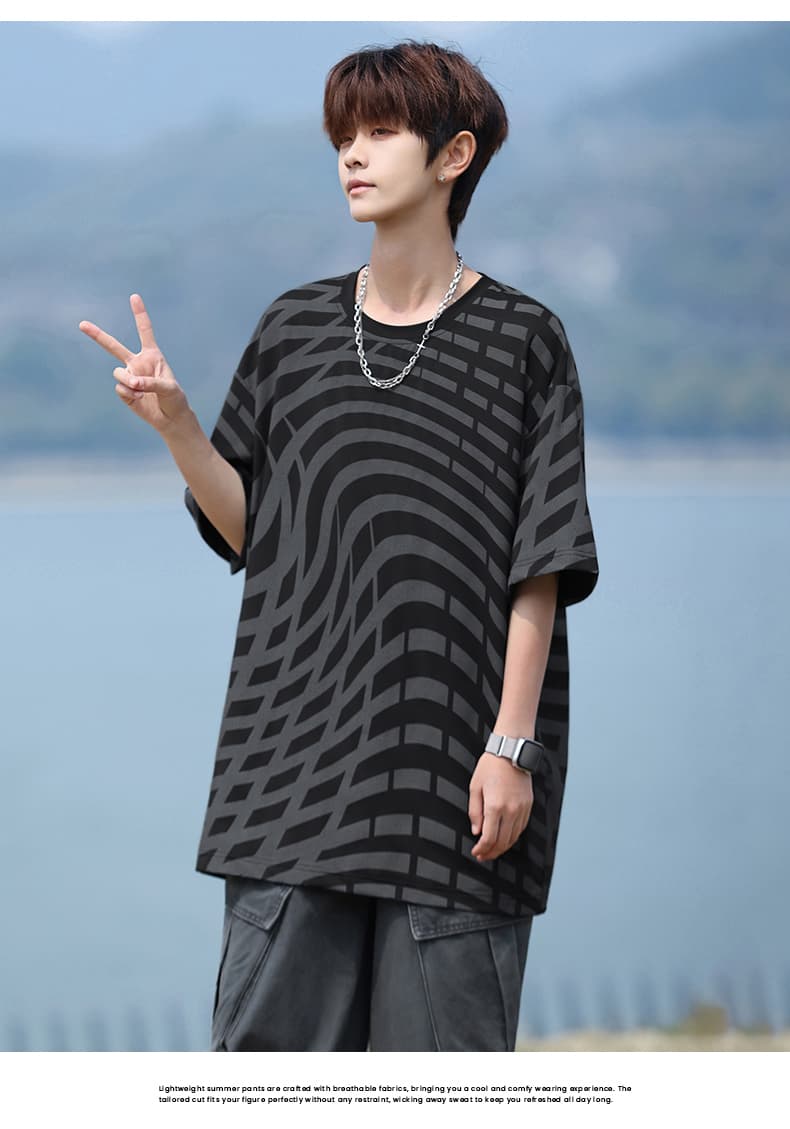 실사 물결무늬 스트라이프 라운드 넥 반팔 남자 여름 2026 새로운 citychill 바람 루즈핏 운동 통기성 티셔츠 상세 이미지 16