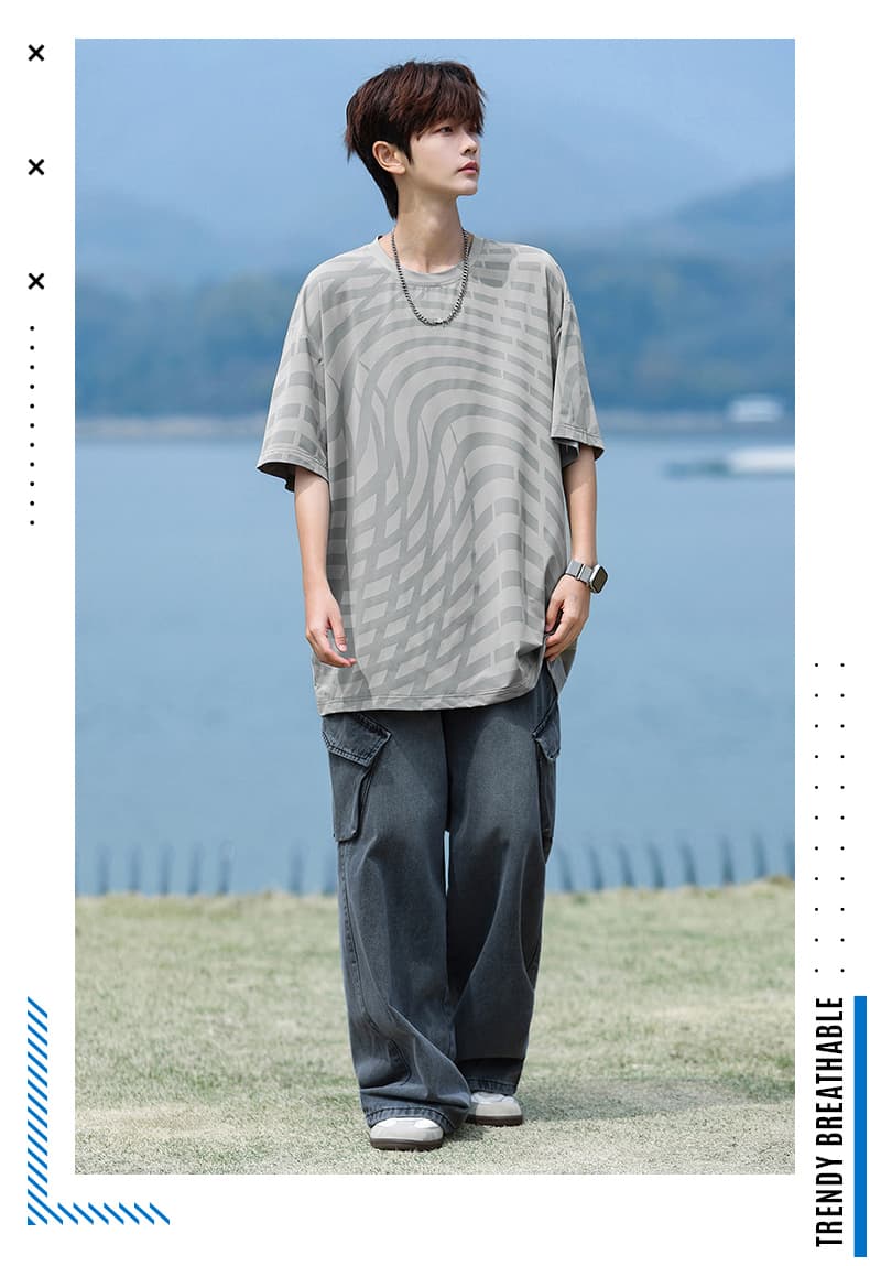 실사 물결무늬 스트라이프 라운드 넥 반팔 남자 여름 2026 새로운 citychill 바람 루즈핏 운동 통기성 티셔츠 상세 이미지 18