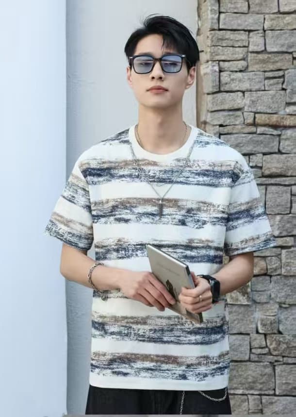 실사 남성 새로운 아메리칸 홀치기 염색 배색 트렌드 스트라이프 반팔 티셔츠 여름 패션 그라데이션 반소매 맨위 상세 이미지 4