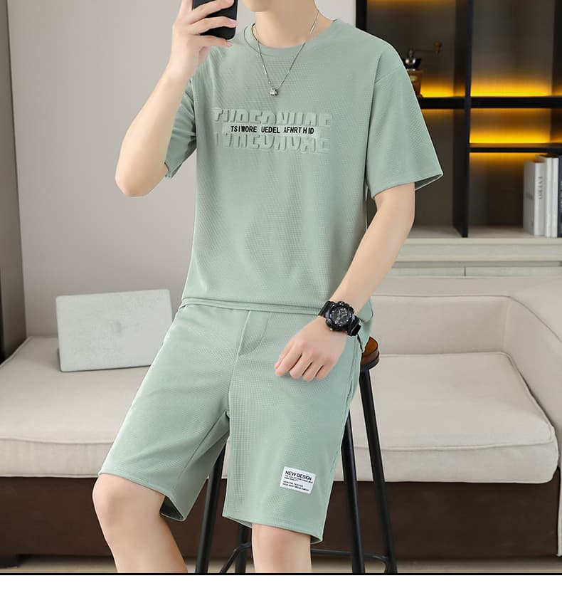 폭발 남자 여름 새로운 얼음 센스 반팔 반바지 투피스 세트 속도 건조한 캐주얼 루즈핏 XL 티셔츠 오부 바지 상세 이미지 28