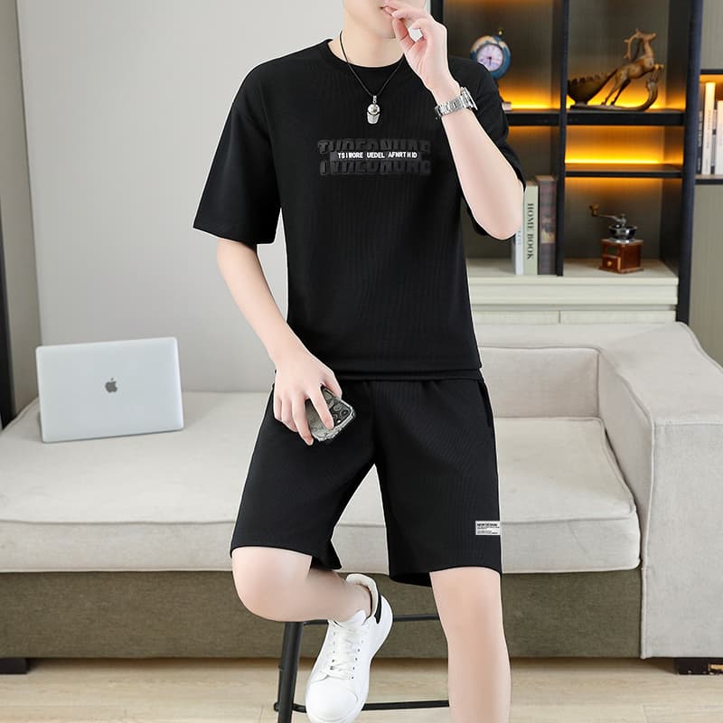 폭발 남자 여름 새로운 얼음 센스 반팔 반바지 투피스 세트 속도 건조한 캐주얼 루즈핏 XL 티셔츠 오부 바지 이미지 2