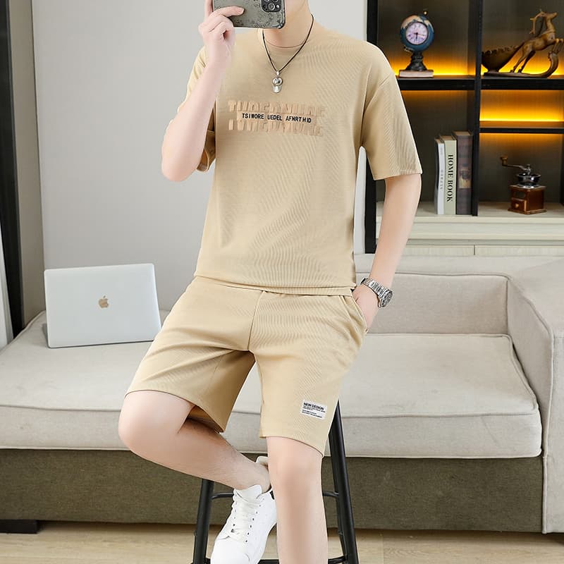 폭발 남자 여름 새로운 얼음 센스 반팔 반바지 투피스 세트 속도 건조한 캐주얼 루즈핏 XL 티셔츠 오부 바지 이미지 4
