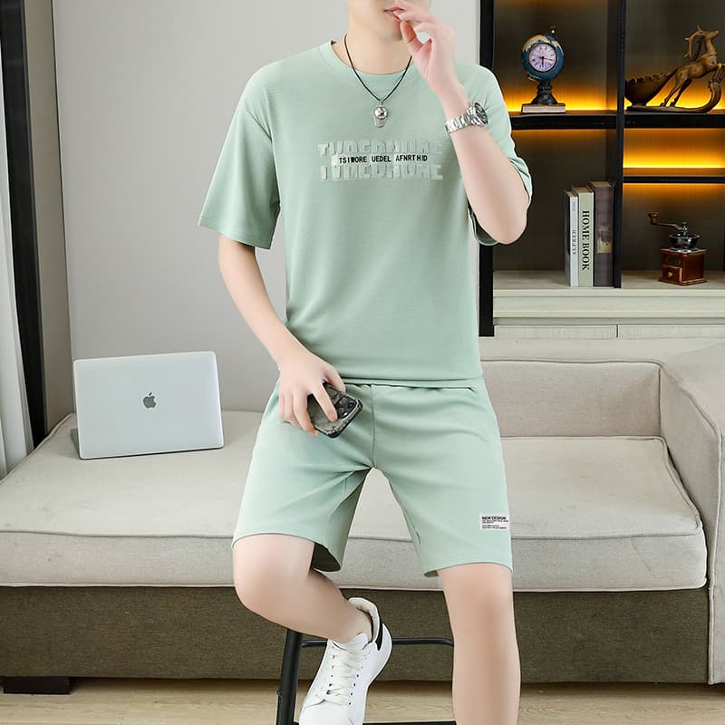 폭발 남자 여름 새로운 얼음 센스 반팔 반바지 투피스 세트 속도 건조한 캐주얼 루즈핏 XL 티셔츠 오부 바지 이미지 3