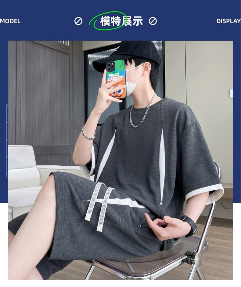 여름 스포츠 슈트 남성 실행 페이스 건조한 반팔 루즈핏 연주 중 훈련 서비스 피트니스 조수 브랜드 투피스 슈트 상세 이미지 8